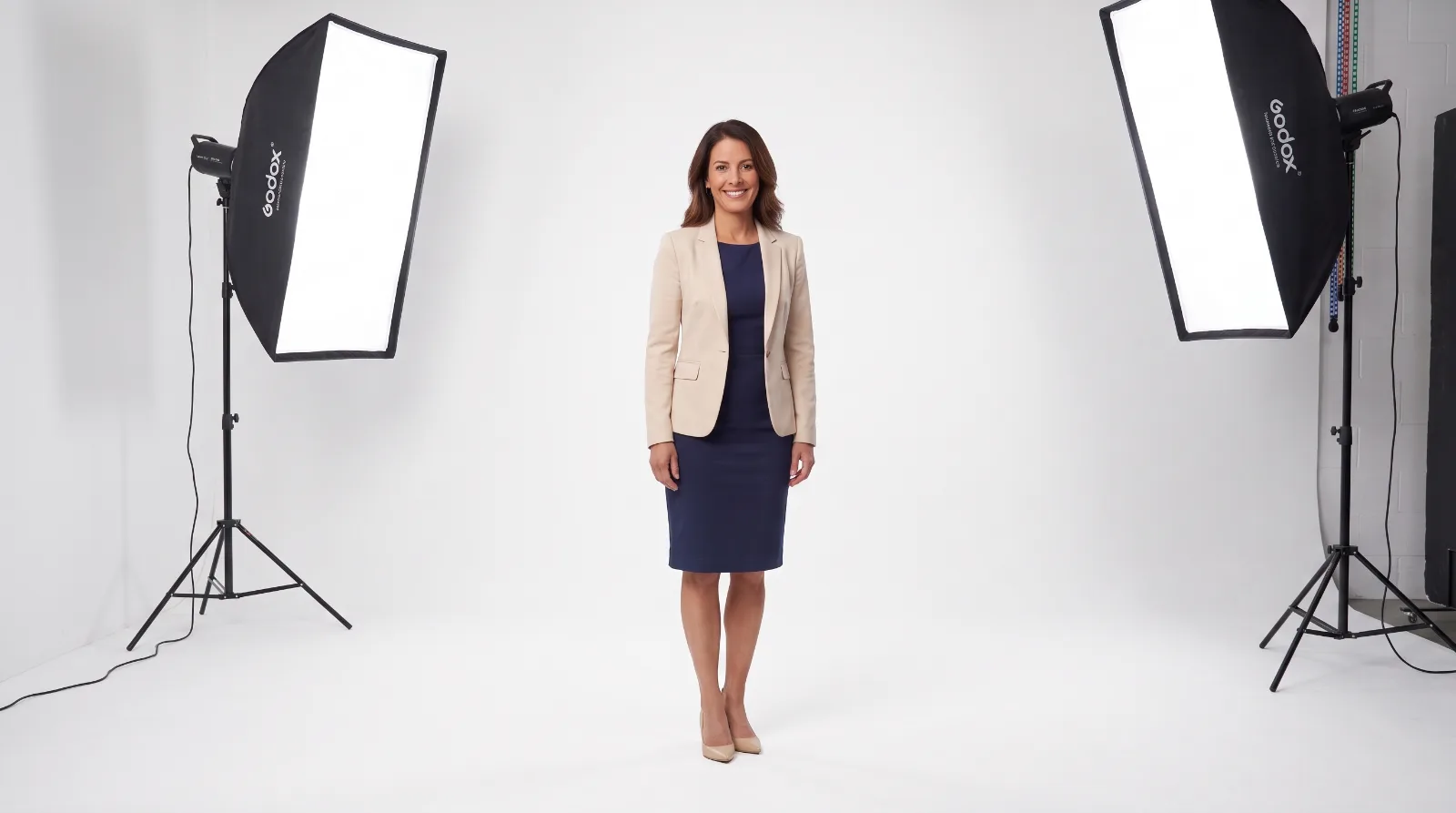 Unternehmerin im Studio, neutraler Hintergrund
