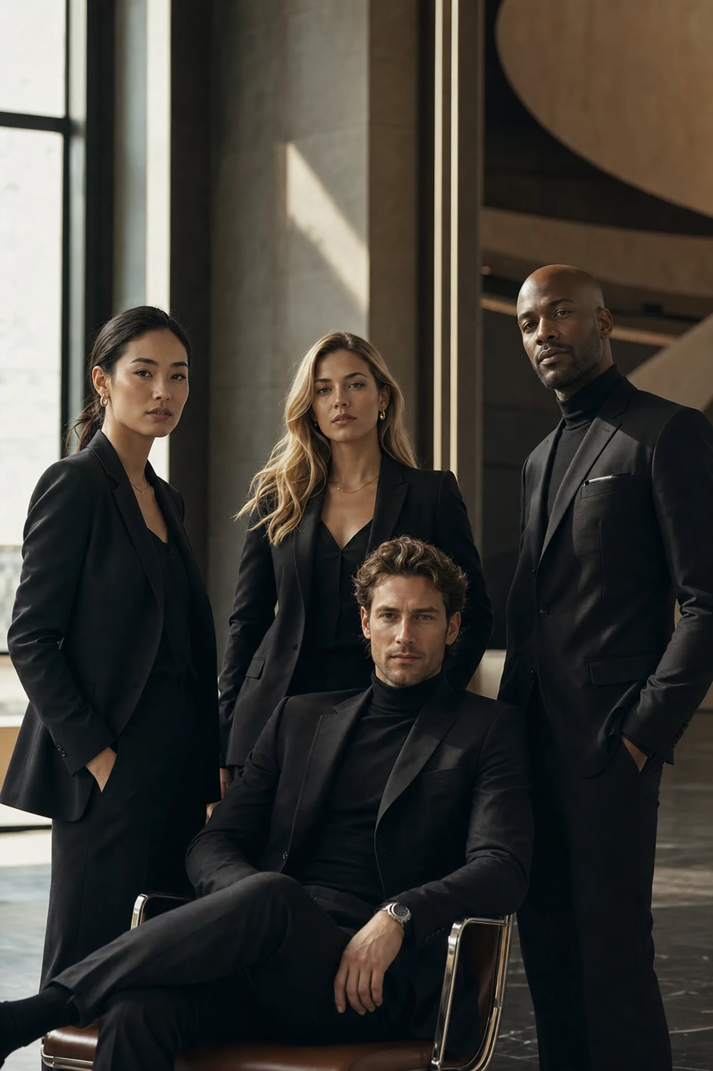 Vierköpfiges Team in dunkler Business-Kleidung, dramatisch beleuchtet, Brandifyme Employer Branding