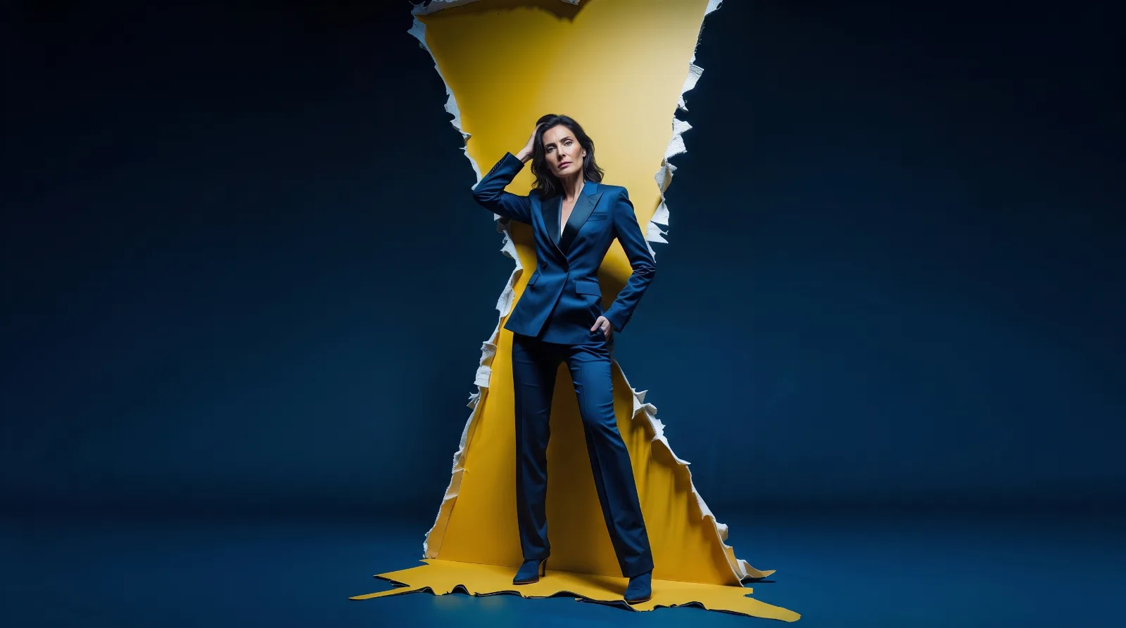 Bettina in dunkler Editorial-Szene mit gelbem Farbakzent
