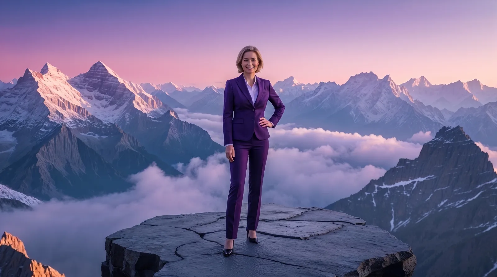 Martina auf einem Berggipfel bei Sonnenuntergang