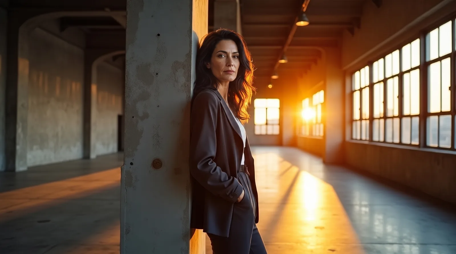 Sandra in einem Industrial-Loft im Abendlicht