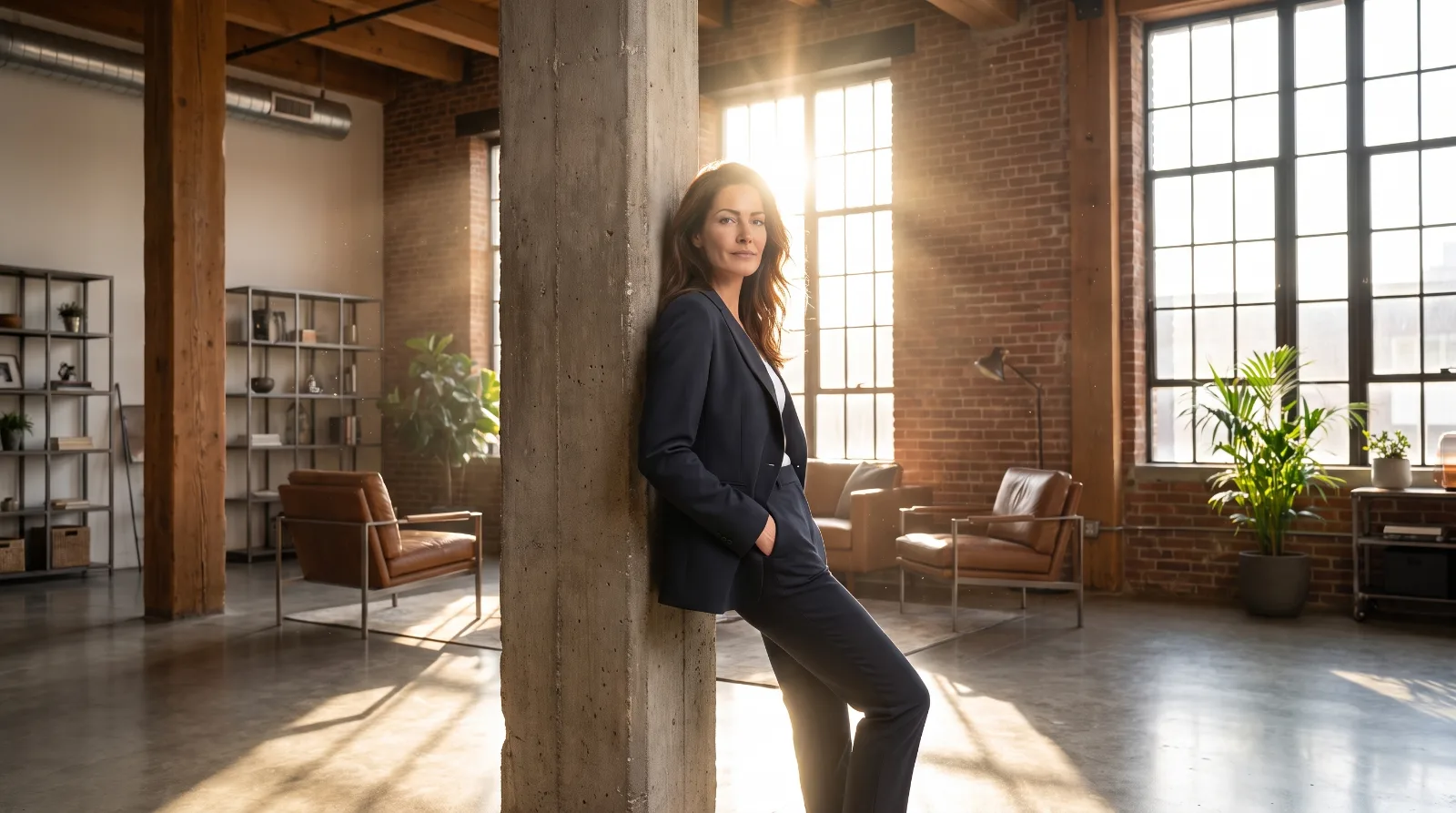 Sandra in einem sonnigen Loft-Wohnraum